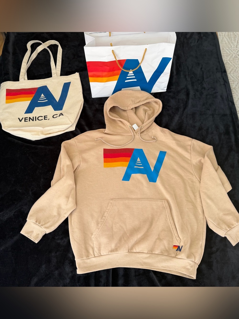 - - NWT Aviator Nation Relaxed Logo Pullover Hoodie Sand  Medium + Tote Bag